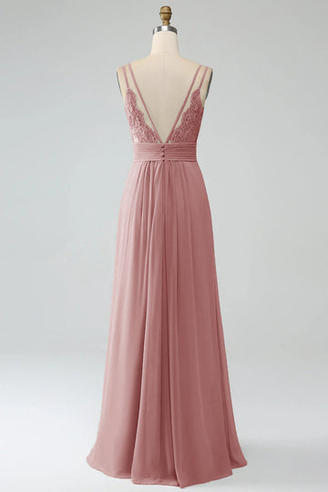 Malva vintage A-Line Spaghetti Trapes Plisado Gasa Largo Vestido De Dama De Honor